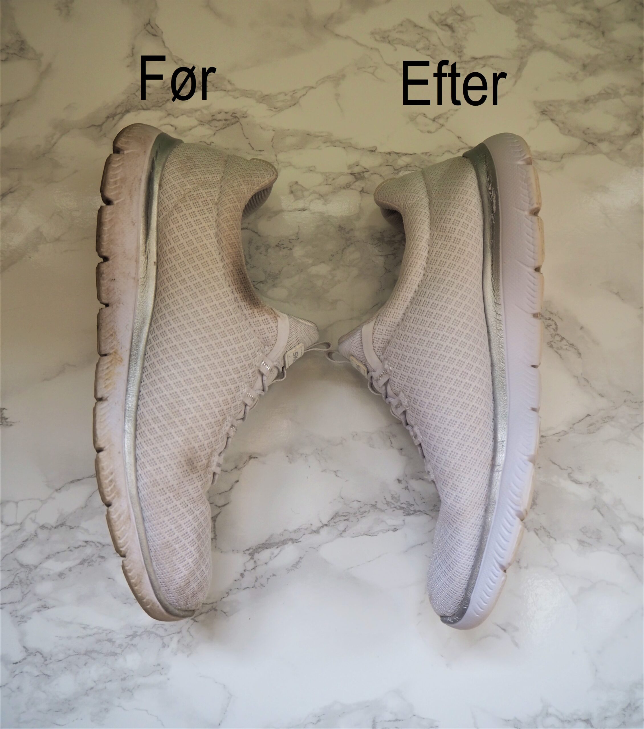Hvide sko før og efter rengøring